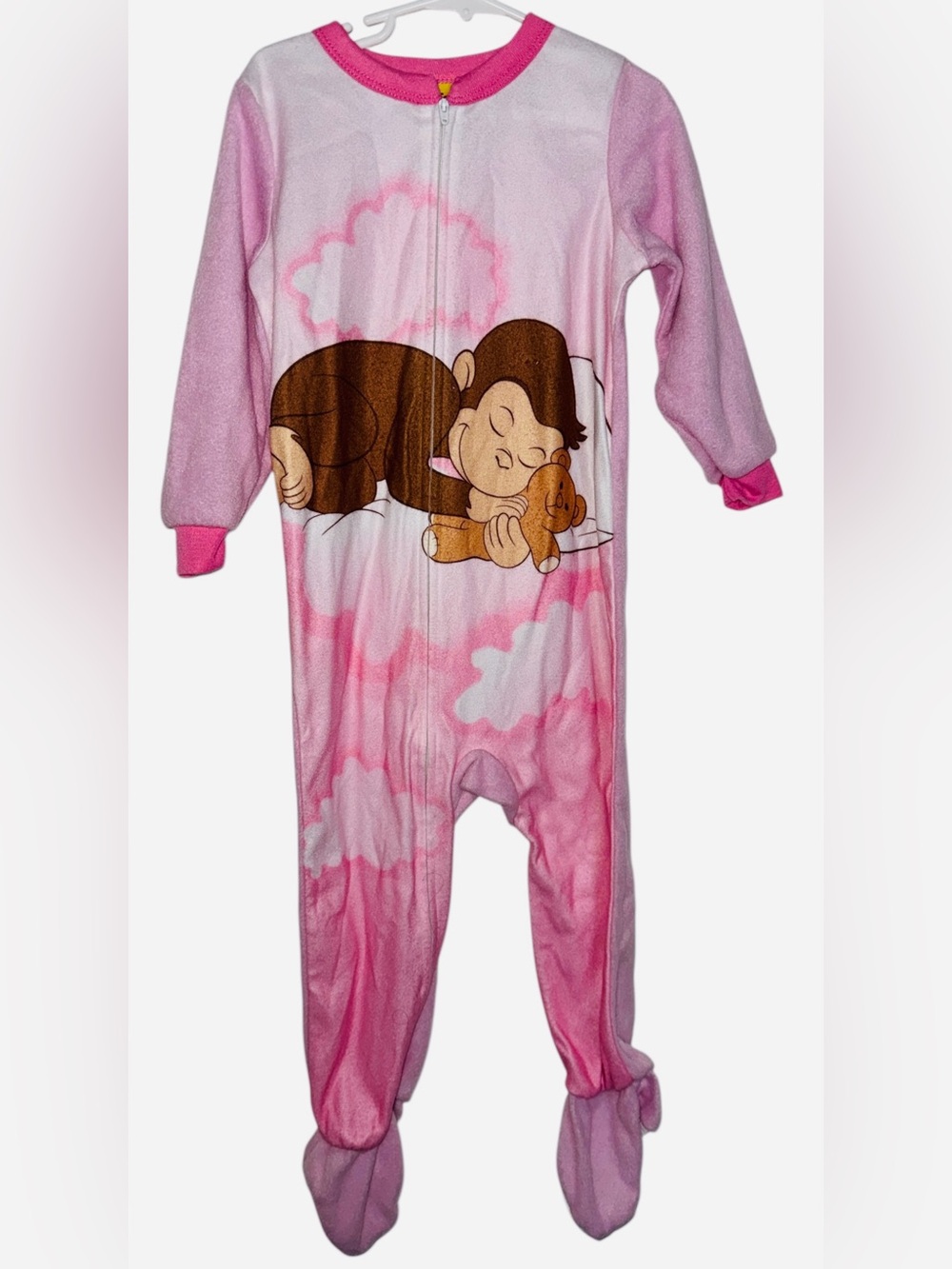 Pink curious George Monkey Print Kids zip One-Piece Pajamas 4t